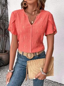 SHEIN LUNE Hollow Out Embroidery Buttoned Back Detail Tie Neckline Shirt - Orange - View 6