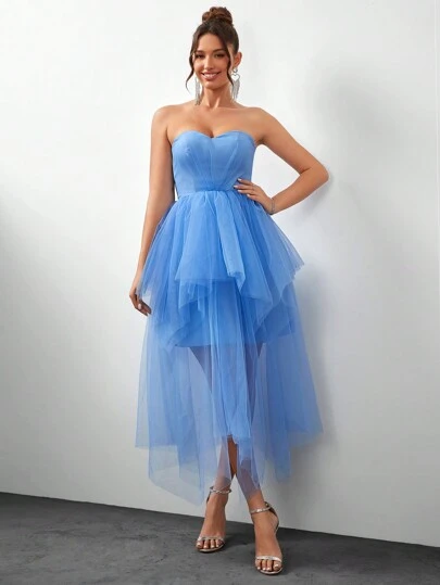 SHEIN Belle Women's Elegant And Romantic Blue Ruched Front Panel  Strapless Asymmetrical Hem Tiers Of Yarn Forappointment Cocktail Party Dress Tulle Dress