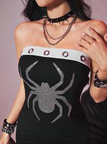 ROMWE Grunge Punk Vestito Aderente Senza Spalline Da Donna Con Rivetti In Metallo, Strass E Disegno Di Ragno