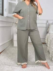 Women's Plus Size Short Sleeve Top And Pants Pajama Set With Color Block Frill Trims - Army Green - View 4