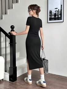 SHEIN Teen Girls'  Summer  Knitted Ribbed Waist Pleated Slit Casual Dress Graduation Outfit
