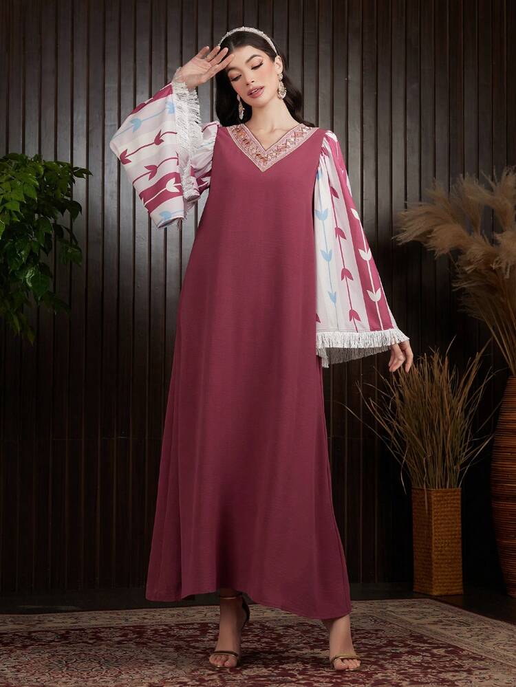 Color Block Striped, Floral & Plaid Patchwork Tassel Flare Sleeve Dress With Woven Ribbon