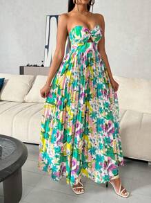 Breezaya Floral Printed Hollow Out Pleated Strapless Dress