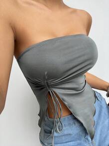 SHEIN EZwear Parte superior tubo con bajo asimétrico y cordón para mujer - Gris - Ver 1