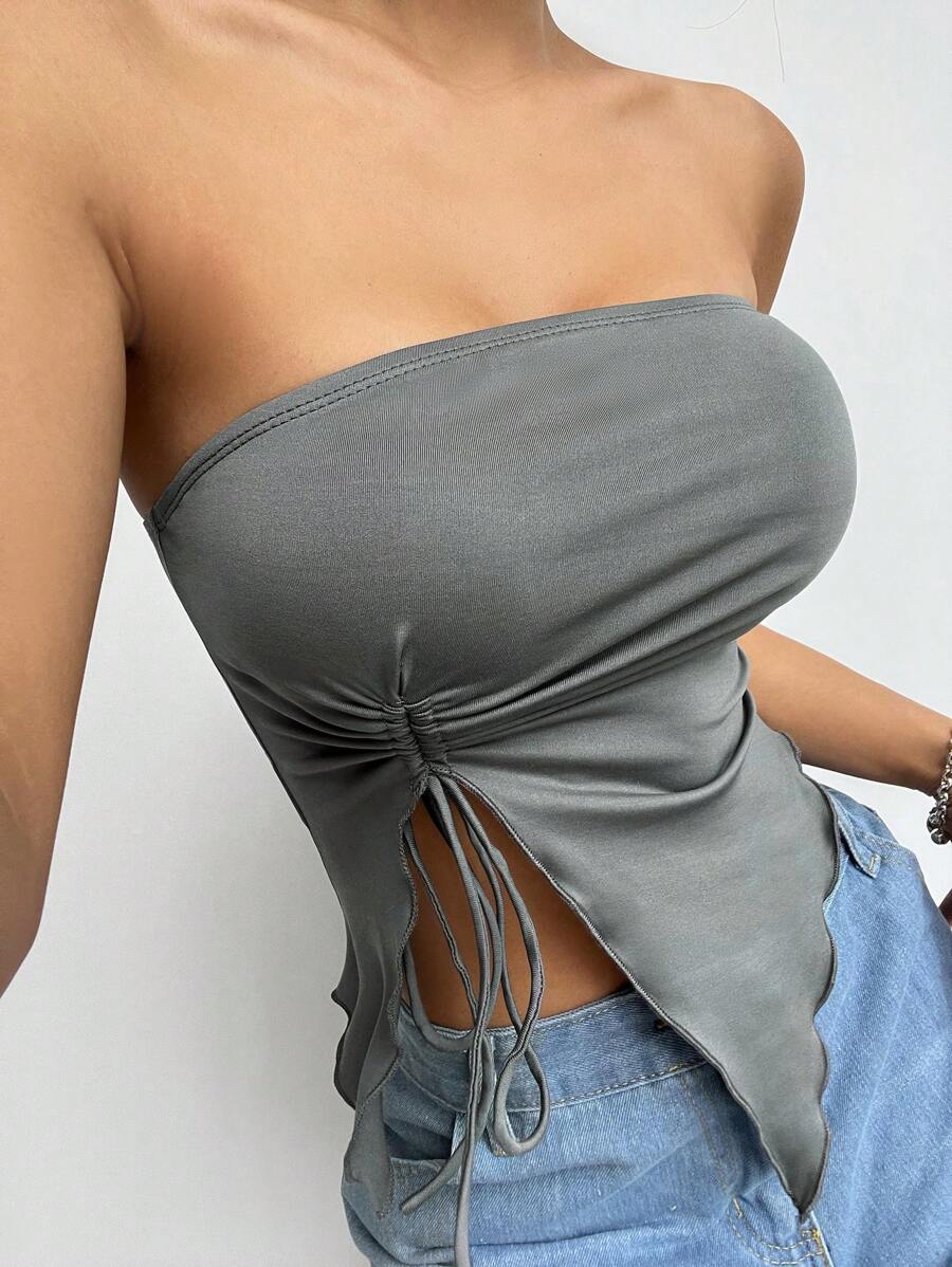 SHEIN EZwear Parte superior tubo con bajo asimétrico y cordón para mujer - Gris - Ver 1
