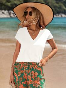 SHEIN VCAY Của phụ nữ Chất rắn Cổ chữ V Ngắn tay Áo Và In thực vật Quần 2 cái/bộ - màu xanh lá - Xem 3