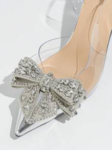 Women's Rhinestone Bowknot Decor Pointed Toe Stiletto High Heel Pvc Shoes For Elegant & Charming Party And Dancing Valentines