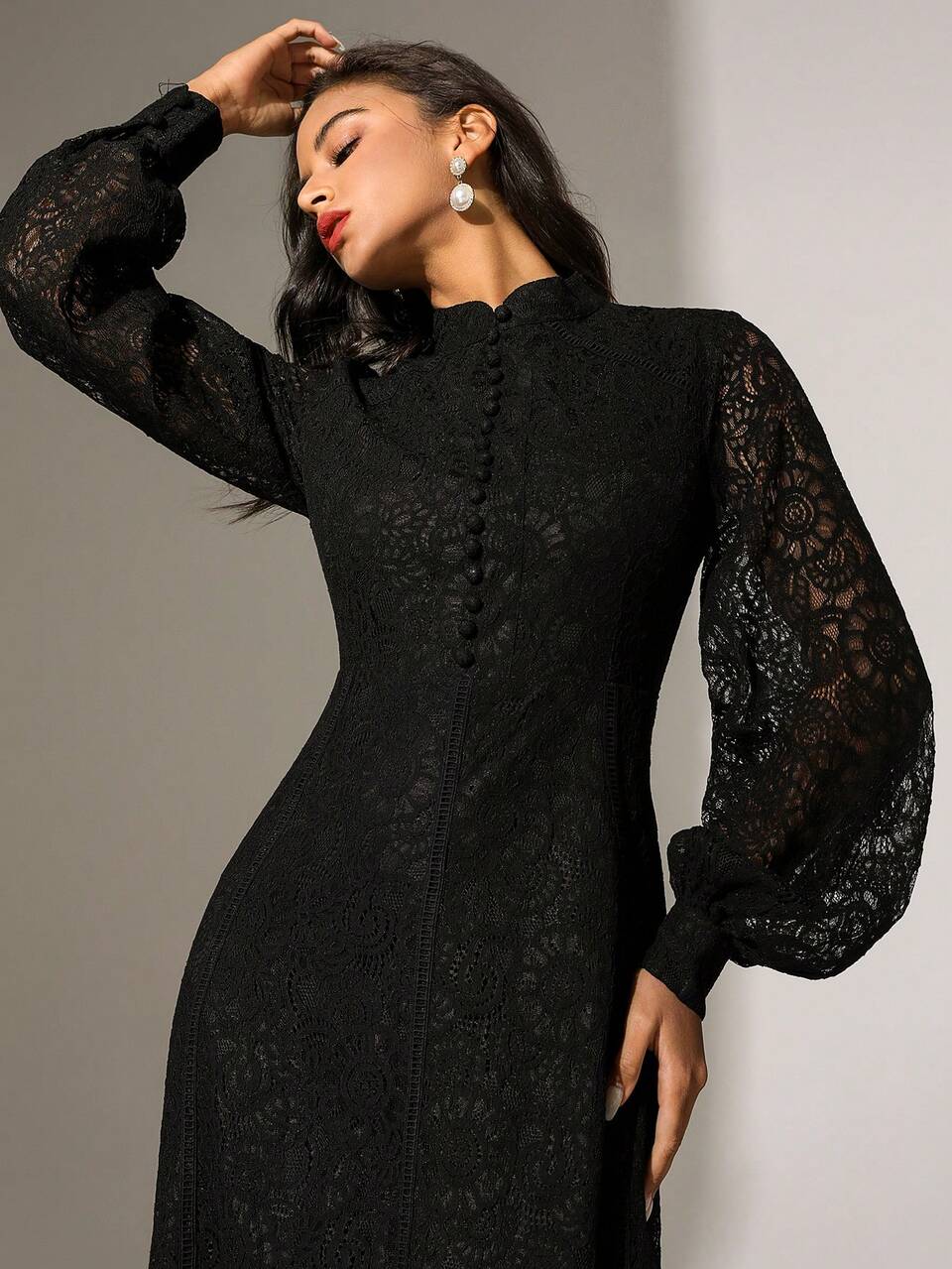 Anewsta Vestido largo de manga larga con decoración de botones y encaje en unicolor para mujer