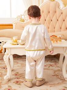 SHEIN Baby Boys' Satin Panel & Woven Tape Decor Long Sleeve Top And Pants Set
