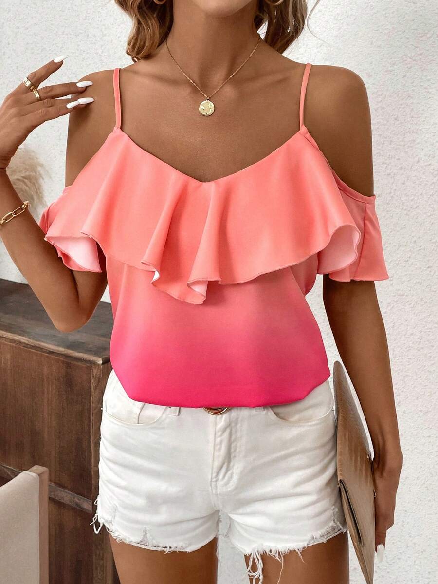 SHEIN Clasi Women's Ombré Off-Shoulder Top With Ruffle Hem Pink Shirt Pink Top - Pink - View 1