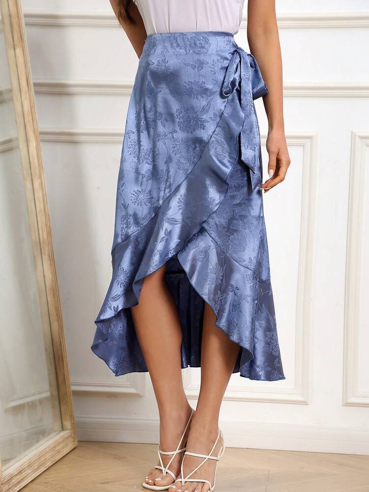 Women's Jacquard Wrap Tie Waist Ruffle Hem Skirt