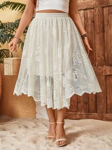 Celure Plus Size Women's Elastic Waist Asymmetric Hem Skirt - Beige - View 4