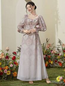 Modelyn Váy dài dáng chữ A cổ tim in hoa xếp nếp viền bèo nhún Váy dạ hội dài - Nhiều màu - Xem 4