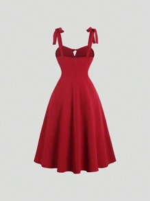 Sweetra Solid Color Lace Up Backless Cinching Waist Cami Dress Burgundy Color Women Outfit - Burgundy - View 2
