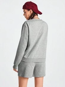 Gameset SHEIN Sport Conjunto De Sudadera Con Mangas Largas Con Estampado De Letras Y Pantalones Cortos Deportivos Para Mujeres - Gris - Ver 2
