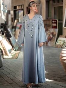 Al Najma Diamond Decorated Bell Sleeve Dress Kaftan Jalabiya Dress - Baby Blue - View 7