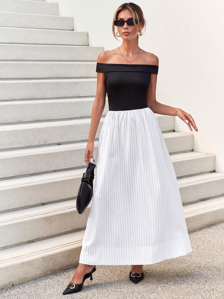 SHEIN Essnce Women's Off Shoulder Splicing Striped Colorblock 2 In 1 Dress