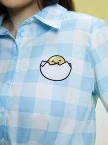 Gudetama X SHEIN 夏季加大號休閒卡通和方格紋打結下擺襯衫 - 藍色 - 查看 5