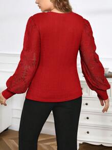 SHEIN Privé Kích thước lớn Thanh lịch Ren Nối Áo thun - Đỏ - Xem 2