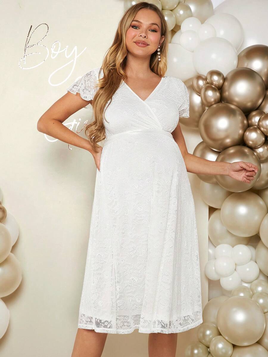 SHEIN Elegante Y Romántico Vestido De Encaje Para Fiesta De Revelación De Género Durante El Embarazo - Blanco - Ver 1