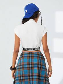SHEIN EZwear Women's Very Short Sleeve Lettter Print Elasticated Hem Crop Top