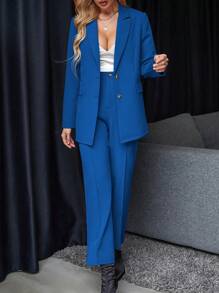 Chiquease 純色翻領單排釦西裝外套和褲子套裝 - 寶藍色 - 查看 3
