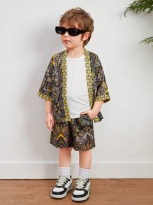 SHEIN 2pcs/Set Young Boys' Casual College Style Soft Retro Full Floral Print Short Sleeve Shirt And Shorts, Suitable For Spring, Summer And Autumn - Brown - View 2