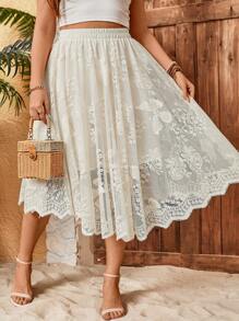 Celure Plus Size Women's Elastic Waist Asymmetric Hem Skirt - Beige - View 1