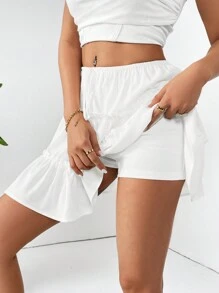 SHEIN Essnce Falda con cintura elástica de color sólido y dobladillo con volantes para el verano #Pascua - Blanco - Ver 1