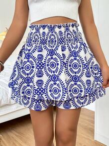SHEIN LUNE Pflanzengedruckte High-waist-wrap-skorts Für Frauen - Blau - Übersicht 5