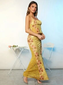 SHEIN BAE 女款花朵印花蕾絲拼布魚尾下擺半身裙