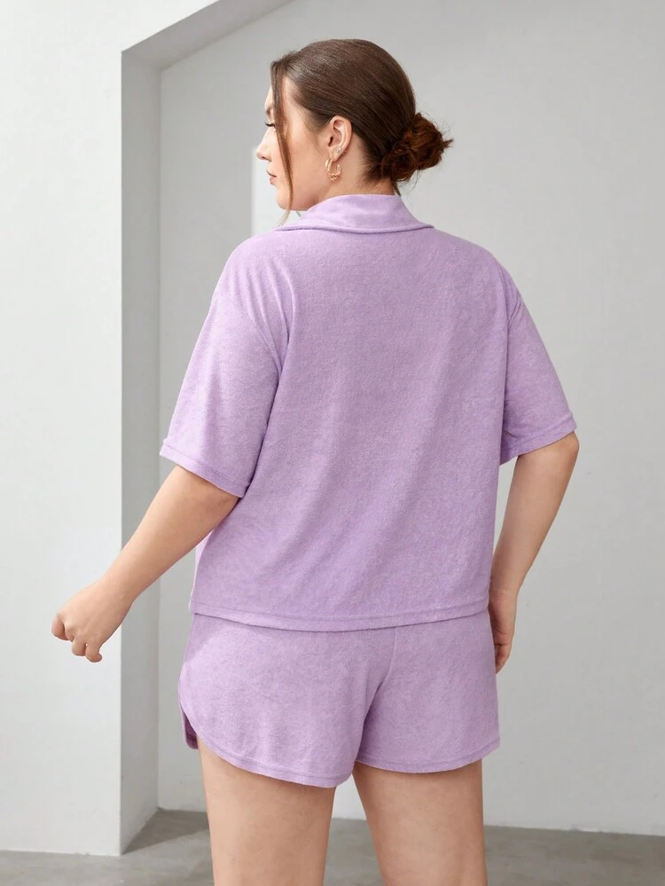 Women's Plus Size Towelling Texture Collared Shirt And Loose Shorts Set, Soft And Comfortable, Purple