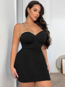 SHEIN SXY 大碼一字肩鑽石鏈連身緊身衣 - 黑色 - 查看 6