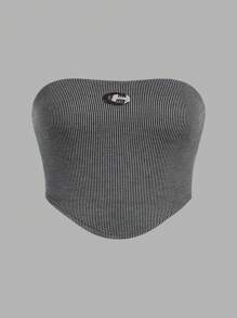SHEIN Teen Girl Knitted Solid Color Metallic Rhinestone Decor Ribbed Asymmetrical Hem Tube Top Two Set Outfits