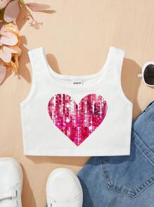 SHEIN Young Girl Casual Sleeveless Heart Pattern Top, Round Neck For Summer