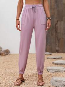 Breezaya Của phụ nữ Màu thuần Eo dây rút Đã bỏ túi Trở viền Quần - Hồng - Xem 5