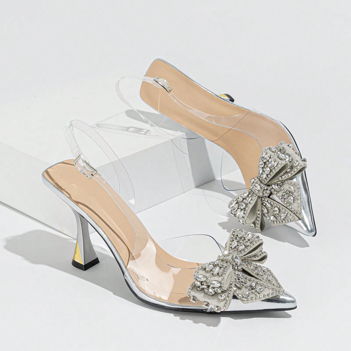 Zapatos de tacón alto de punta fina con decoración de lazo de strass para mujer, elegantes y encantadores para fiestas y bailes de San Valentín, el