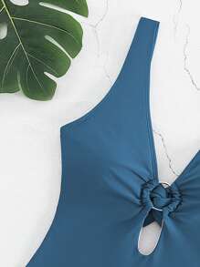 SHEIN Swim Summer Beach Women's Deep V-Neck Monokini Swimsuit With Circular Rings Decoration - Teal Blue - View 5