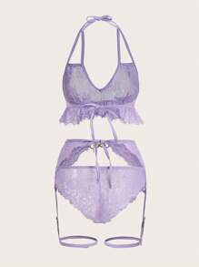SHEIN Women'S Lace Halter Neck Sexy Lingerie Set - Mauve Purple - View 6