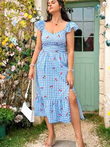 Dreamara 大码女式格子樱桃印花盖袖连衣裙 - 彩色 - 查看 1