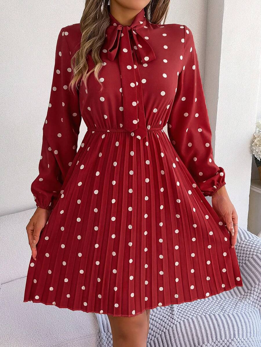 Fall Polka Dot Dress Wrap V Neck Tie Waist Pleated Ruffle Midi Long Sleeve Chiffon Resort Outfit Womens - Đỏ - Xem 1