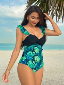 SHEIN Swim Traje de baño de una pieza con estampado de plantas para mujeres en verano - Negro - Ver 3