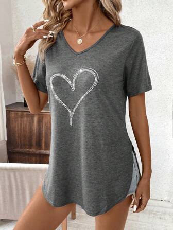 SHEIN Clasi Women's Short Sleeve T-Shirt With Rhinestone Studded Heart Design