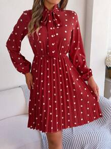 Fall Polka Dot Dress Wrap V Neck Tie Waist Pleated Ruffle Midi Long Sleeve Chiffon Resort Outfit Womens - Đỏ - Xem 5