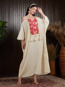 Al Najma Vestido con Estampado Patchwork de Paisley con adornos de borlas - Albaricoque - Ver 5