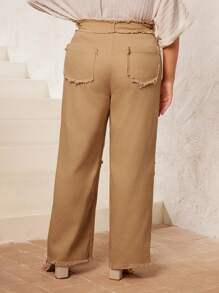 Mulvari Plus Size Solid Color Frayed Wide Leg Pants - Khaki - View 3