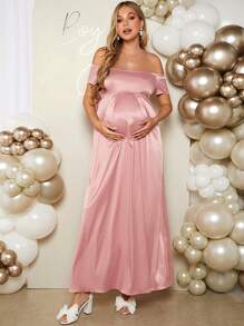 SHEIN Loomaby Váy dự tiệc mừng sinh con cho bà bầuVáy dài hở vai thanh lịch có đường viền eo ôm sát, phù hợp cho tiệc tiết lộ giới tính - Hồng - Xem 5