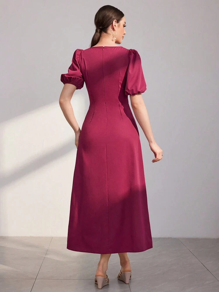 Burgundy Red Round Neck Puff Sleeve Fitted Casual Dress Long Evening Dresses