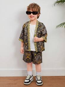 SHEIN 2pcs/Set Young Boys' Casual College Style Soft Retro Full Floral Print Short Sleeve Shirt And Shorts, Suitable For Spring, Summer And Autumn - Brown - View 4