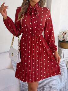 Fall Polka Dot Dress Wrap V Neck Tie Waist Pleated Ruffle Midi Long Sleeve Chiffon Resort Outfit Womens - Đỏ - Xem 4